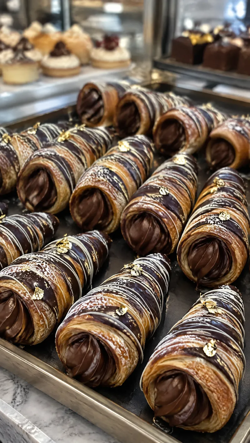 Cannoncini di cioccolato con righe di cioccolato bianco e foglia d'oro