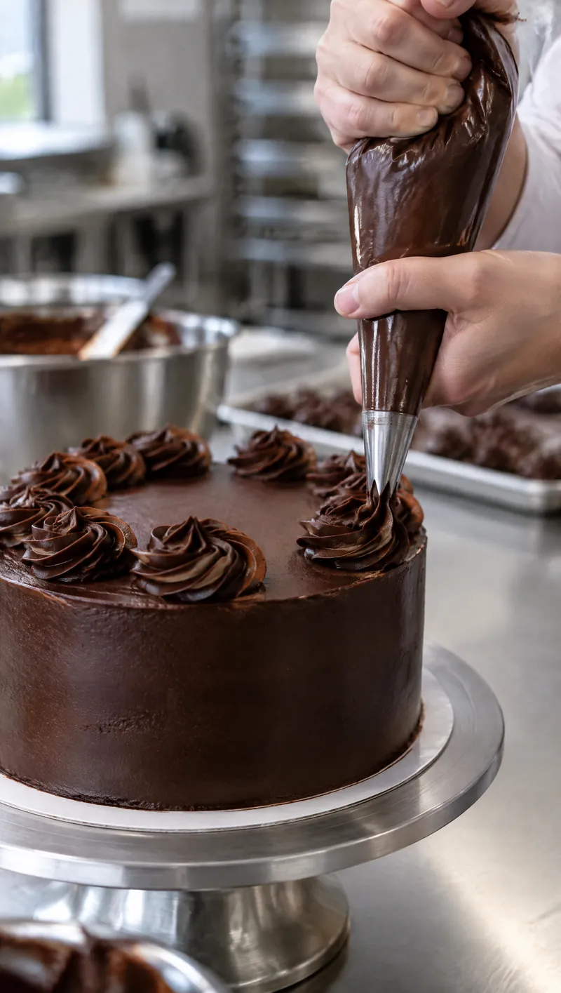 Decorazione a sacchetto di una torta al cioccolato in laboratorio