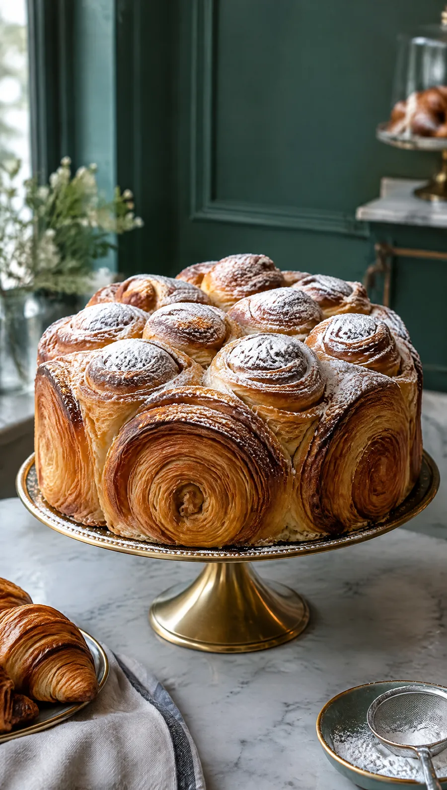 Torta croissant su piatto dorato
