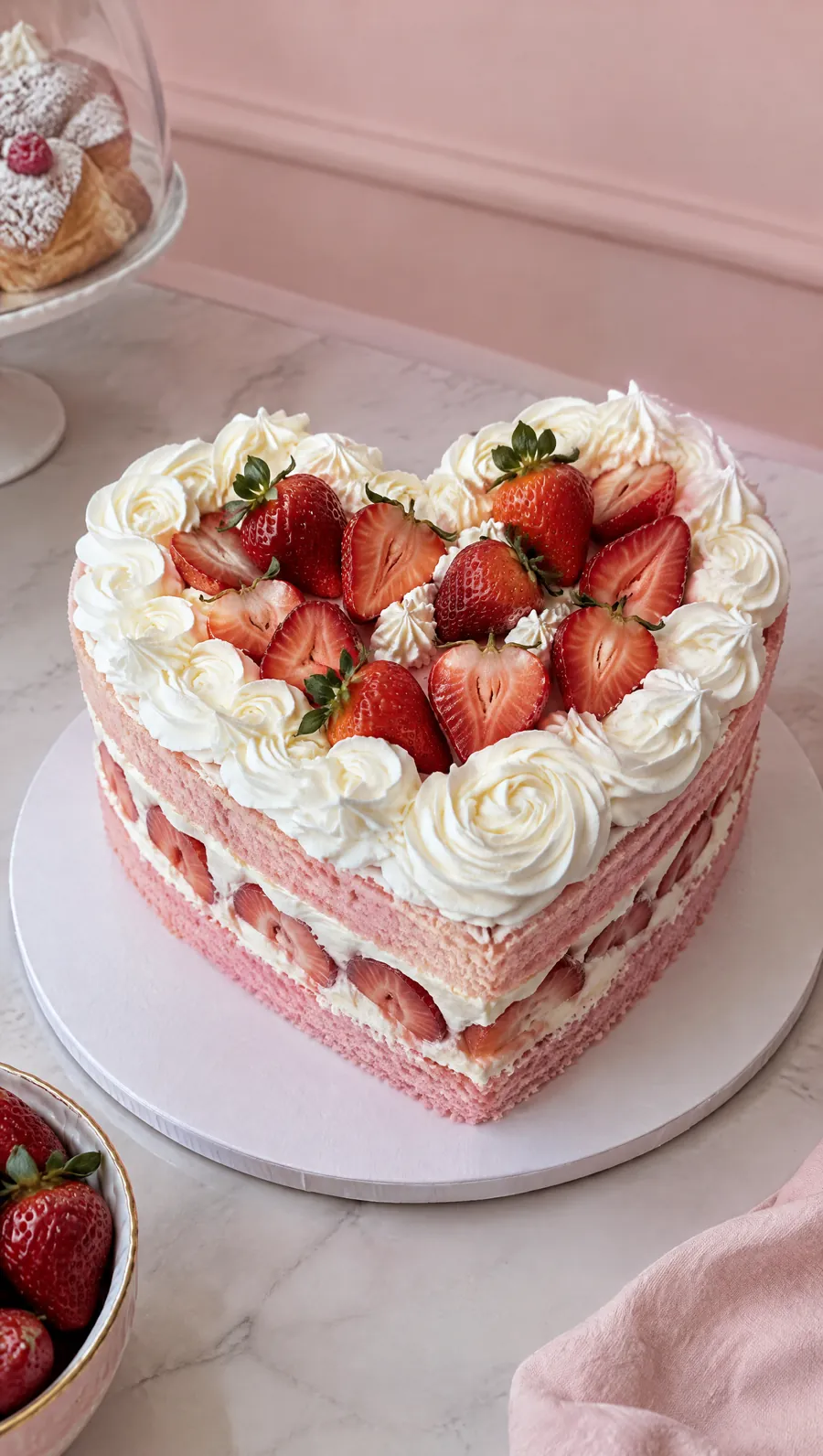 Torta a cuore rosa con panna montata e fragole