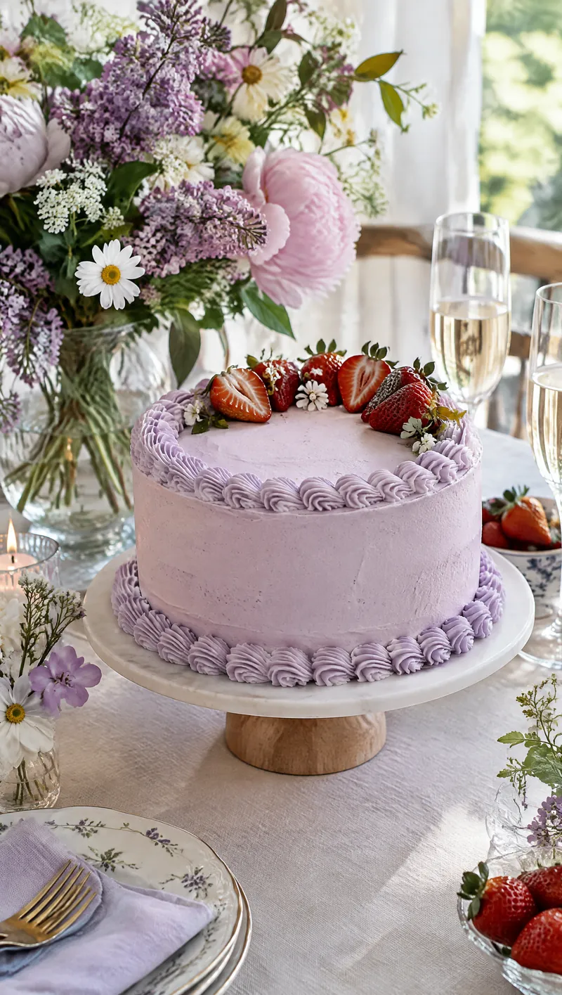 Torta lilla decorata a bordi di panna e fragole, su tavolo di festa con fiori